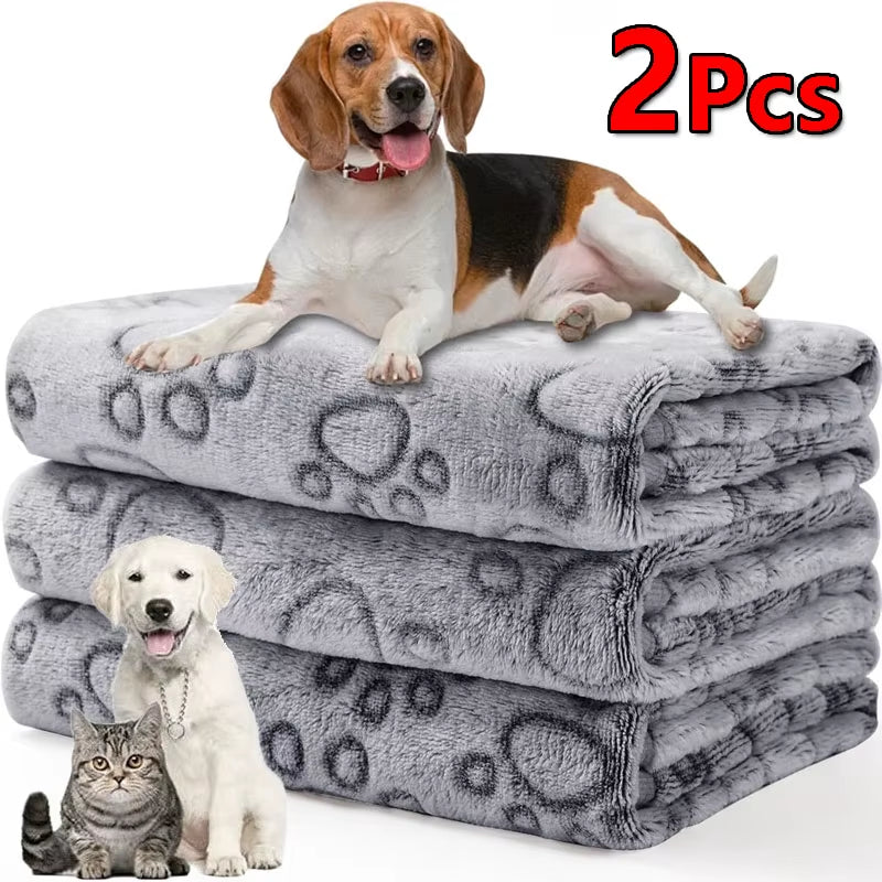 2PCS Soft Fluffy High Quality Dog Blanket Cute Cartoon Pattern Paw Print Large Dog Pet Mat Warm Comfortable Blanket for Dog Cat