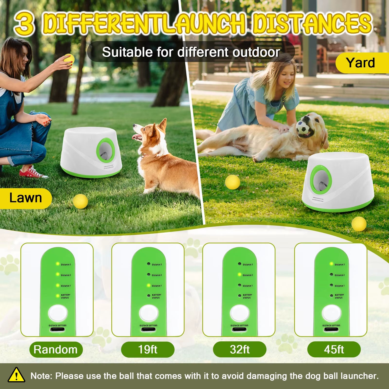 Automatic Ball Launcher for Dogs with 5 ETPU Tennis Balls and 3 Distance Settings (19/32/45FT) , Indoor/Outdoor Dog Toy