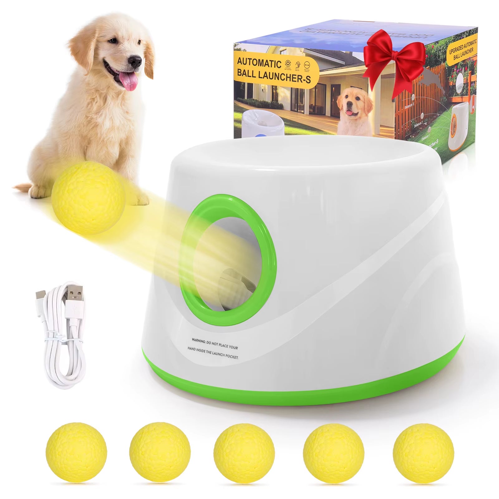 Automatic Ball Launcher for Dogs with 5 ETPU Tennis Balls and 3 Distance Settings (19/32/45FT) , Indoor/Outdoor Dog Toy