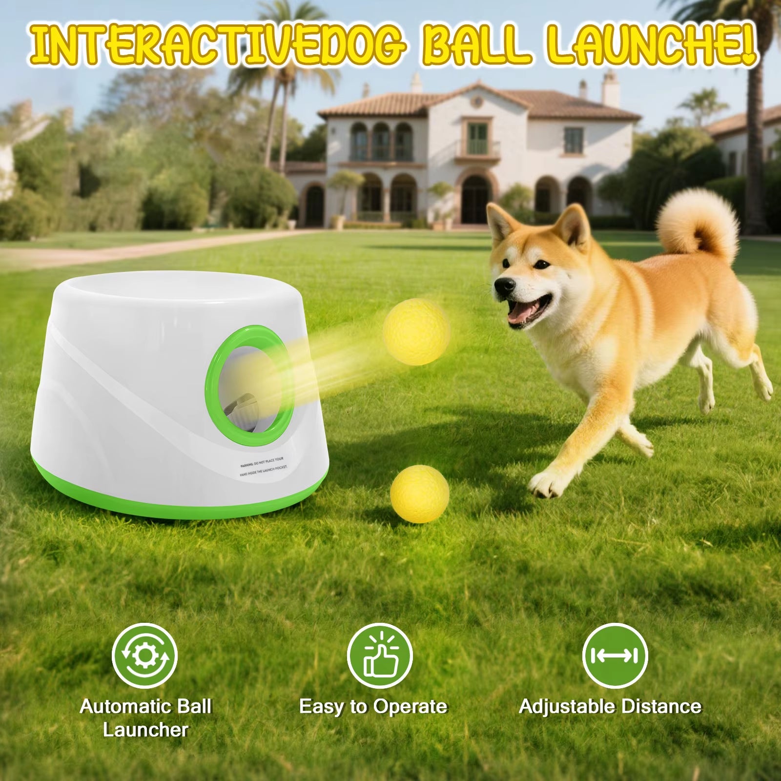Automatic Ball Launcher for Dogs with 5 ETPU Tennis Balls and 3 Distance Settings (19/32/45FT) , Indoor/Outdoor Dog Toy