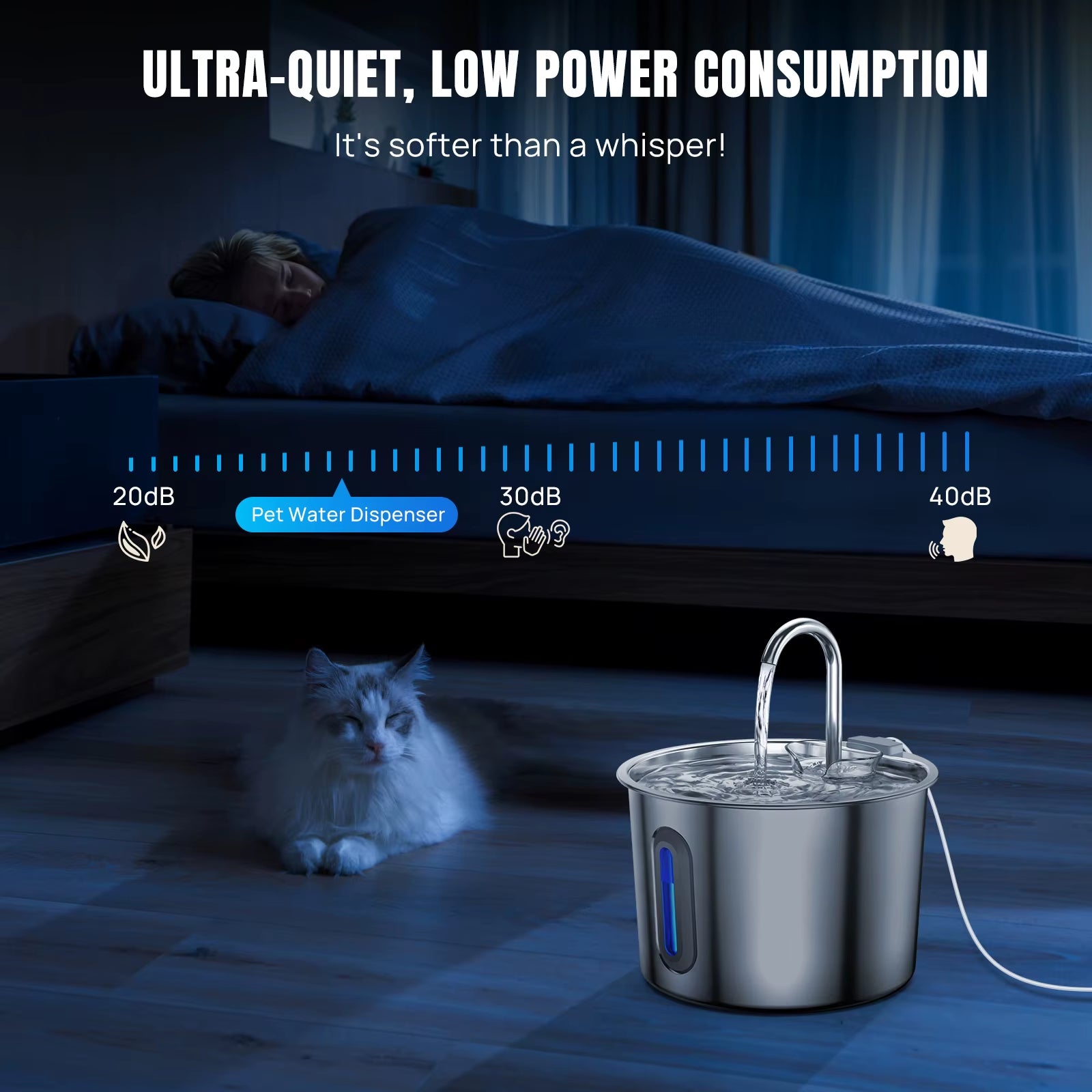 2.2L Cat Water Fountain Stainless Steel Cat Water Drinker Electric Cats Water Dispenser 3- Filtration & LED Light & Ultra-Silent