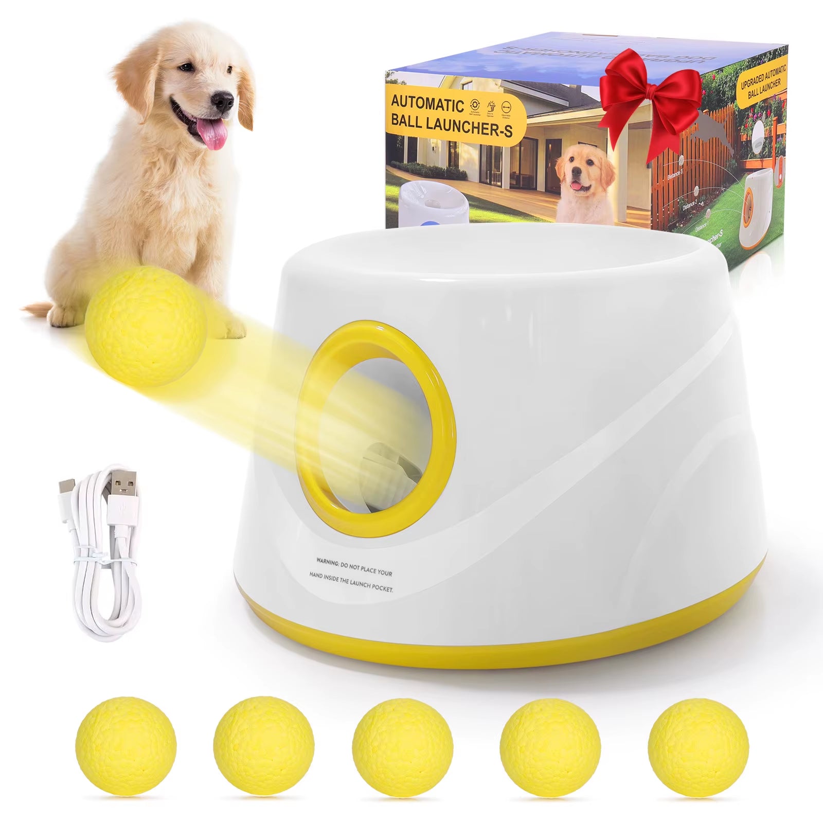 Automatic Ball Launcher for Dogs with 5 ETPU Tennis Balls and 3 Distance Settings (19/32/45FT) , Indoor/Outdoor Dog Toy