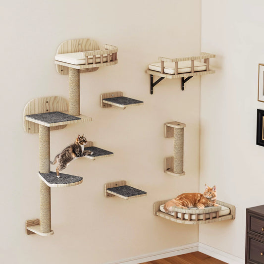 7-Piece Wooden Cat Climbing Set - Wall-Mounted with Scratching Posts, Corner Platform, Stairs & Bed for Play/Sleep