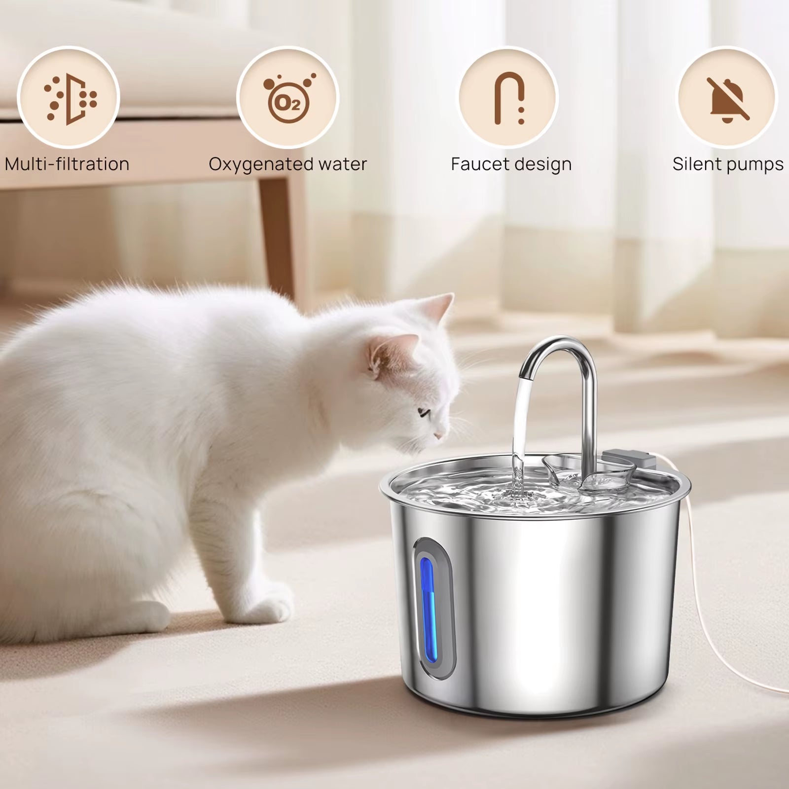 2.2L Cat Water Fountain Stainless Steel Cat Water Drinker Electric Cats Water Dispenser 3- Filtration & LED Light & Ultra-Silent