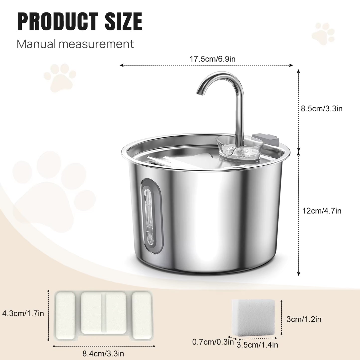 2.2L Cat Water Fountain Stainless Steel Cat Water Drinker Electric Cats Water Dispenser 3- Filtration & LED Light & Ultra-Silent