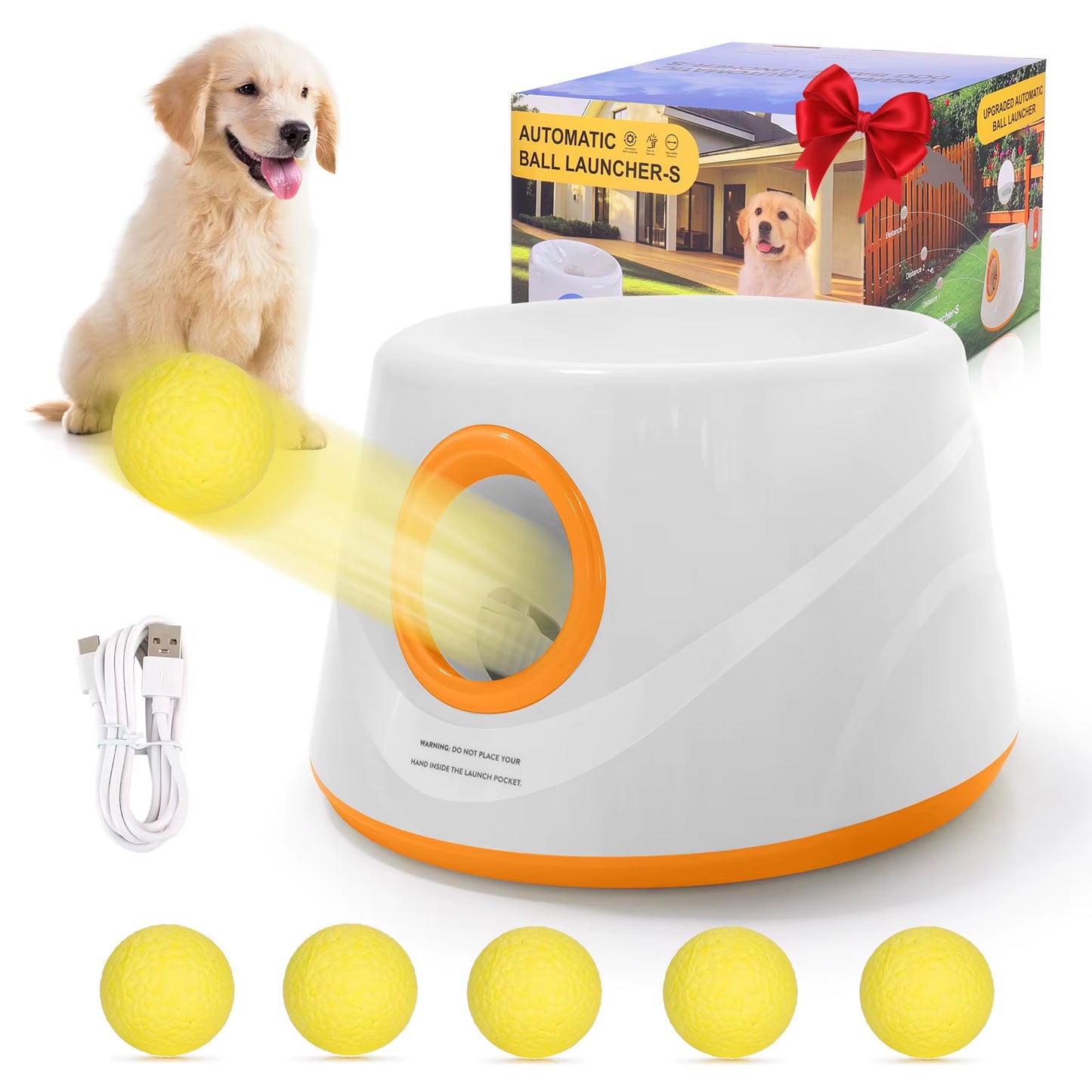 Automatic Ball Launcher for Dogs with 5 ETPU Tennis Balls and 3 Distance Settings (19/32/45FT) , Indoor/Outdoor Dog Toy