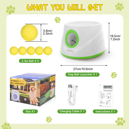 Automatic Ball Launcher for Dogs with 5 ETPU Tennis Balls and 3 Distance Settings (19/32/45FT) , Indoor/Outdoor Dog Toy