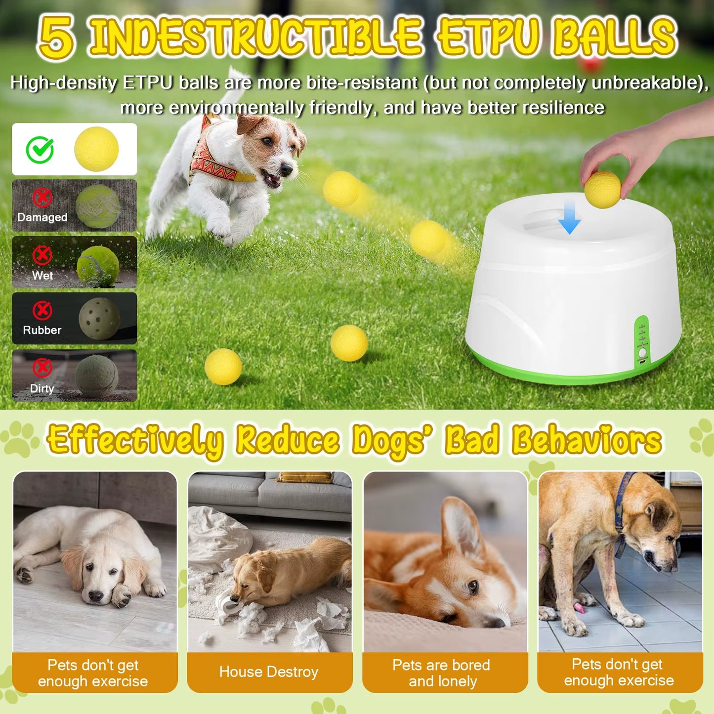 Automatic Ball Launcher for Dogs with 5 ETPU Tennis Balls and 3 Distance Settings (19/32/45FT) , Indoor/Outdoor Dog Toy