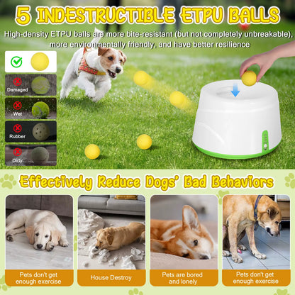 Automatic Ball Launcher for Dogs with 5 ETPU Tennis Balls and 3 Distance Settings (19/32/45FT) , Indoor/Outdoor Dog Toy