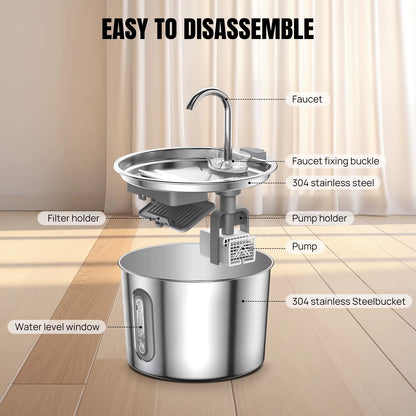 2.2L Cat Water Fountain Stainless Steel Cat Water Drinker Electric Cats Water Dispenser 3- Filtration & LED Light & Ultra-Silent