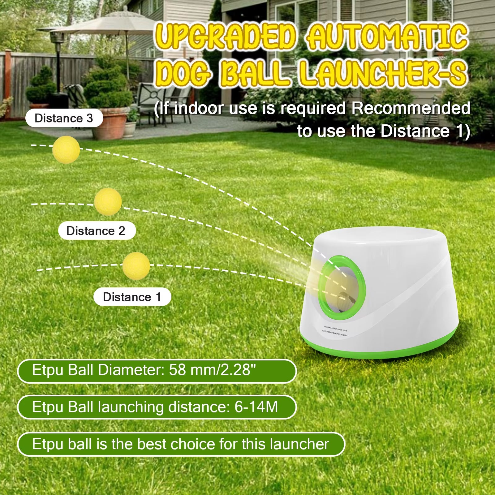 Automatic Ball Launcher for Dogs with 5 ETPU Tennis Balls and 3 Distance Settings (19/32/45FT) , Indoor/Outdoor Dog Toy
