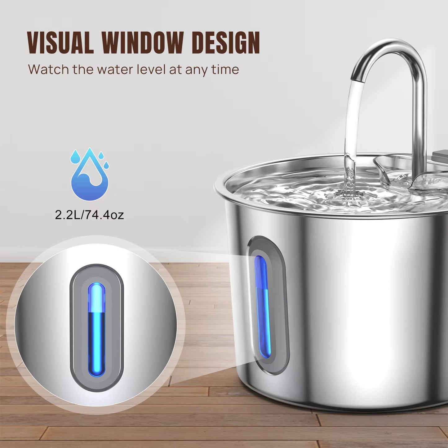 2.2L Cat Water Fountain Stainless Steel Cat Water Drinker Electric Cats Water Dispenser 3- Filtration & LED Light & Ultra-Silent