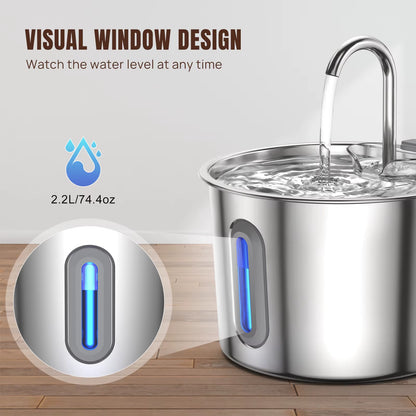 2.2L Cat Water Fountain Stainless Steel Cat Water Drinker Electric Cats Water Dispenser 3- Filtration & LED Light & Ultra-Silent