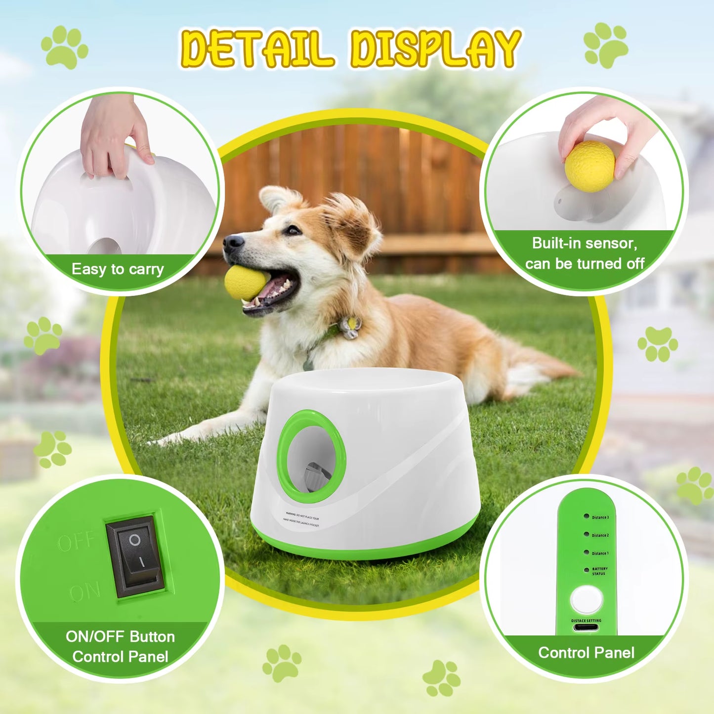Automatic Ball Launcher for Dogs with 5 ETPU Tennis Balls and 3 Distance Settings (19/32/45FT) , Indoor/Outdoor Dog Toy