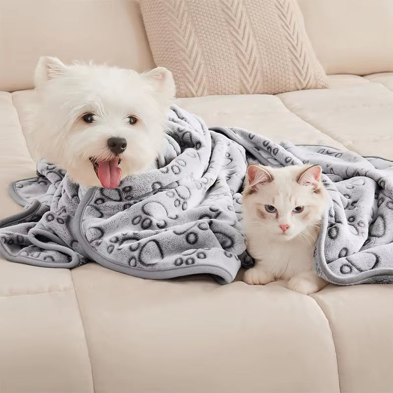 2PCS Soft Fluffy High Quality Dog Blanket Cute Cartoon Pattern Paw Print Large Dog Pet Mat Warm Comfortable Blanket for Dog Cat